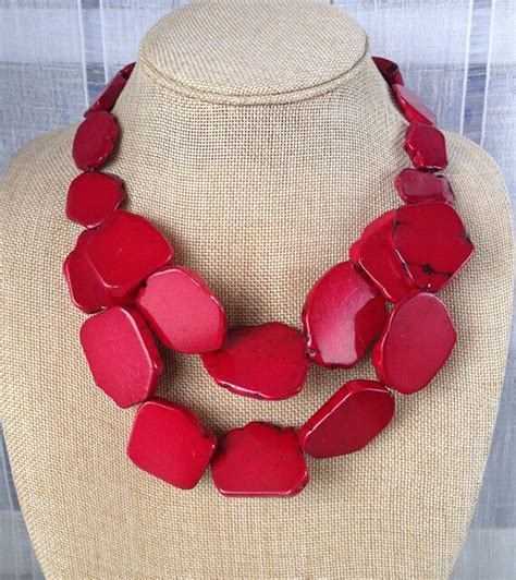 Red Turquoise Necklace Double Strands Stone Bib Statement