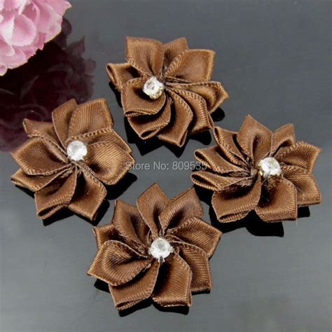 40pcs coffee handmade small fabric satin flowers with rhinestone appliques sewing wedding