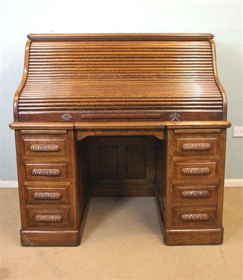 Antique Large Oak Roll Top Pedestal Writing Desk