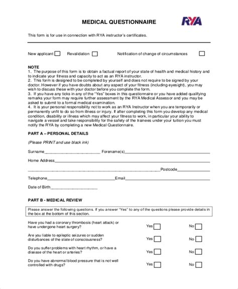 Free Medical Questionnaire Template Printable Templates