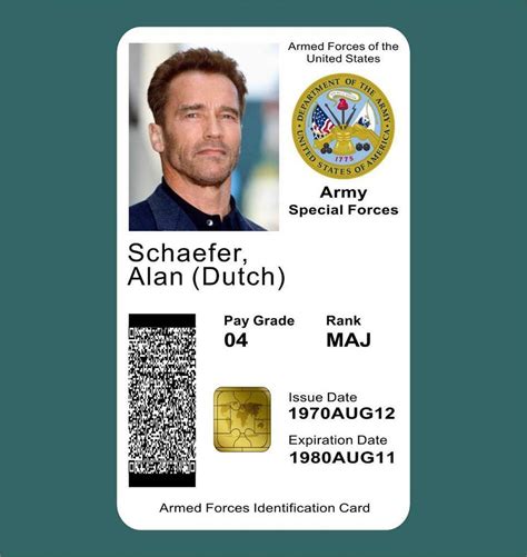 Check spelling or type a new query. Predator Movie -ID Card Prop (ARN. SCHWARZENEGGER) Alan Schaefer (DUTCH) Army ID | eBay