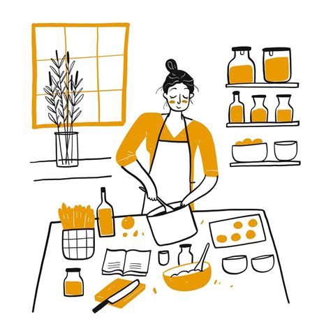 Hand Drawn Young Woman Cooking In Kitchen 1222267 Vector Art At Vecteezy