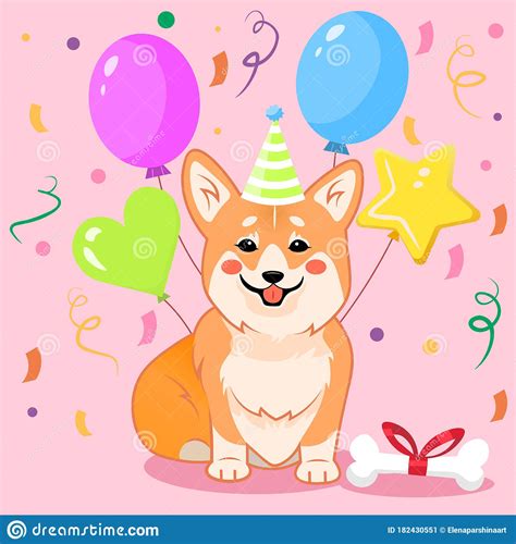 Cute Sitting Smiling Corgi Dog Wishing Happy Birthday With