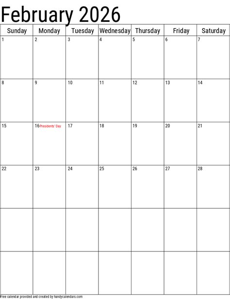 February 2026 Vertical Calendar With Holidays Handy Calendars
