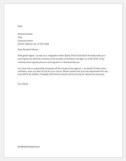 Resignation Acceptance Letters Samples Word And Excel