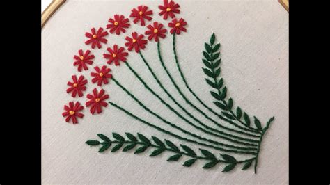 Hand Embroidery Flower Design With Satin Stitch Frenz Knot And Stem