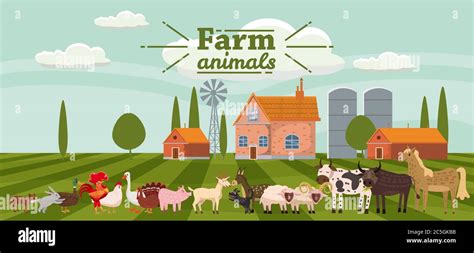 Farm Animals And Birds Set In Trendy Cute Style Including Horse Cow