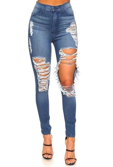 Destroyed Blue Jeans | Cute ripped jeans, Destroyed denim jeans, Long skinny jeans