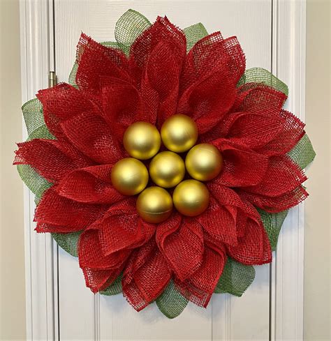 Large Red Poinsettia Christmas Wreath Etsy In 2023 Burlap Flower