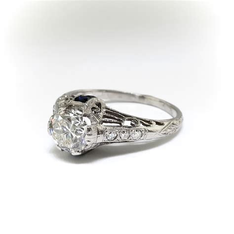 Art Deco Diamond Filigree Engagement Ring With French Cut Sapphires