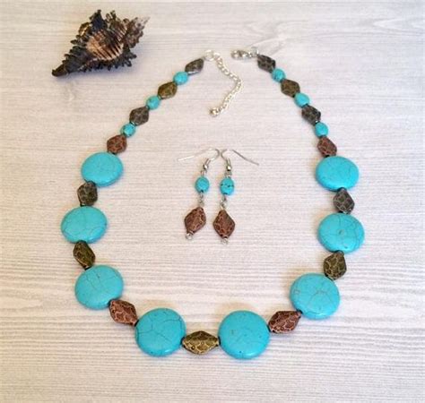 Bold Turquoise Necklace Set Beaded Statement Necklace Flat Bead