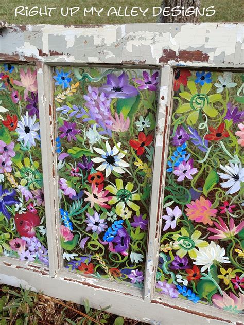Old Painted Windowwindow Pane Artfloral Painted Windowrepurposed