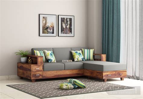 Here are top five of these, offered right @wooden street : Buy Solace L-Shaped Wooden Sofa (Teak Finish) Online in ...