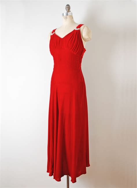 1930s 40s Red Silk Velvet Evening Gown With Rhinestones Repair