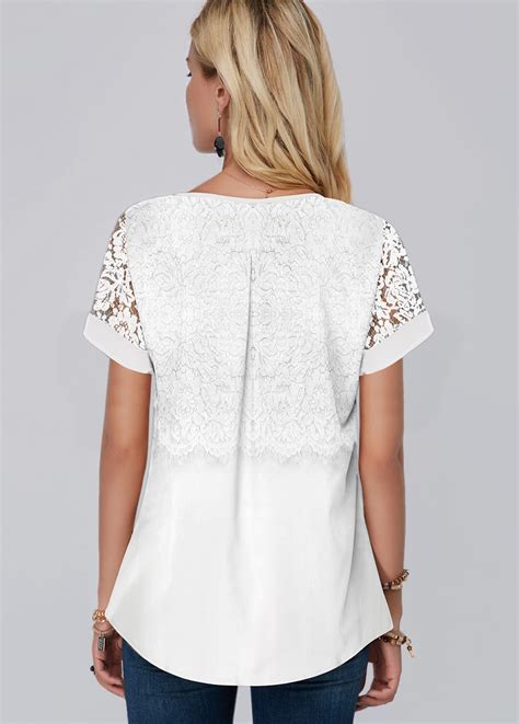 lace panel white short sleeve blouse usd 27 77