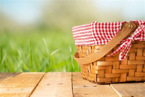 Picnic Basket Checkered With A Tablecloth Wine Baguette Strawberry
