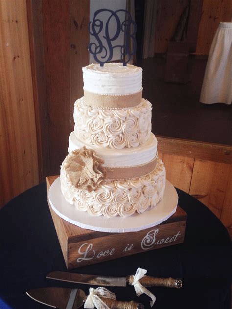 Rustic Wedding Cake With Burlap And Buttercream Rosettes By Amy Hart