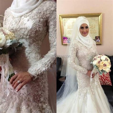 Elegant Mermaid Muslim Wedding Dress Long Sleeves Bridal Gown Appliques Court Train Novia