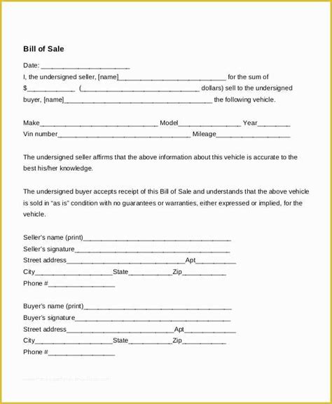 Free Bill Of Sales Template For Used Car As Is Of Free Printable