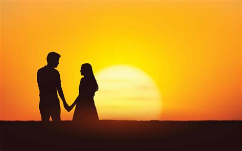 Silhouette Couple Man And Woman Holding Hand Walking Together Under