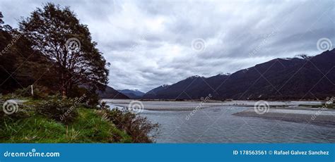Beautiful Panorama Of The Haast River On A Cloudy Day New Zealand