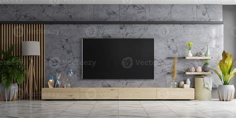 Tv On Cabinet The In Modern Living Room The Marble Wall 4725372 Stock