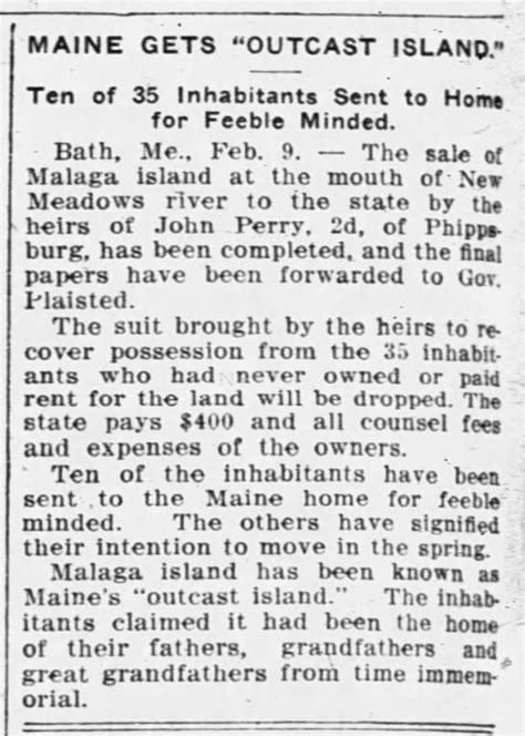 Ten Inhabitants Of Malaga Island Sent To Maine Home For The Feeble