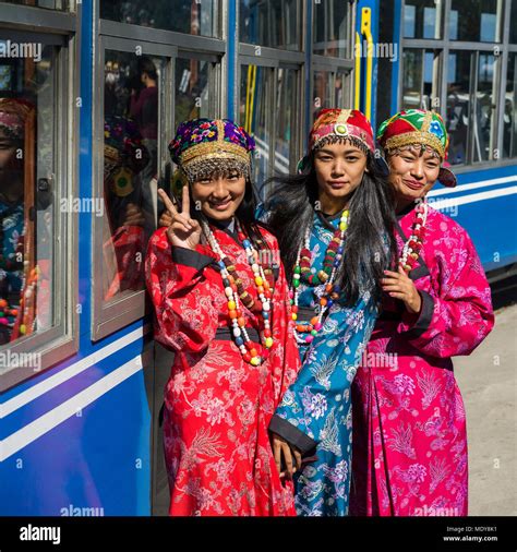 Three Women Wearing Kimonos Pose Outside The Darjeeling Toy Train