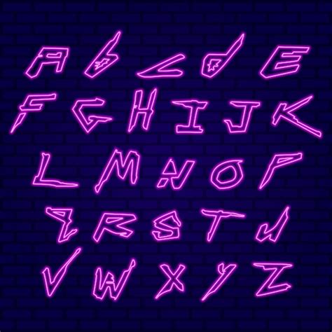 Lettres Au Néon De Style Cyberpunk Violet Sur Mur De Briques Ensemble