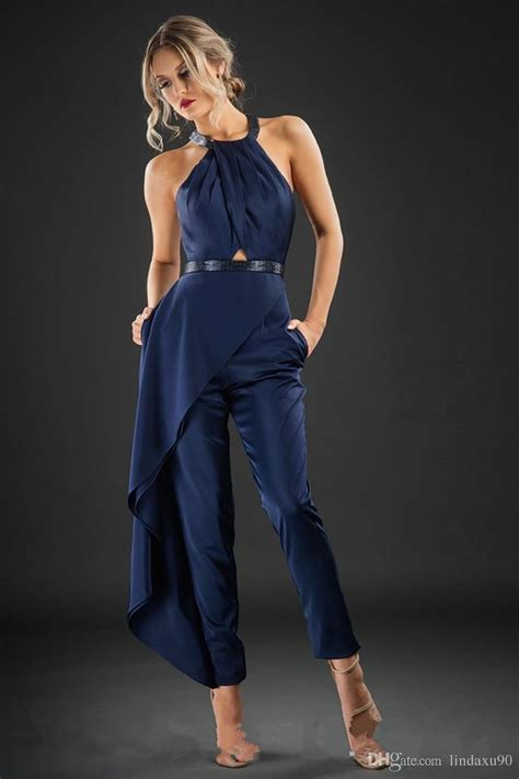 Designer Navy Blue Jumpsuit Evening Dresses Prom Gowns Cross Strap Sash Satin Pant Suits Ankle