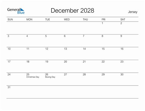 Printable December 2028 Monthly Calendar With Holidays For Jersey