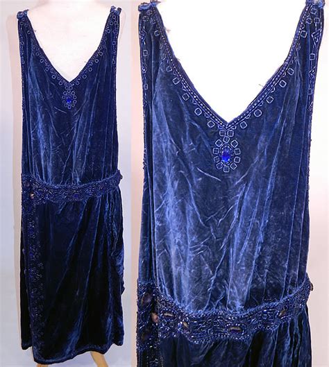 Vintage 1920s Art Deco Beaded Blue Velvet Drop Waist Flapper Dress