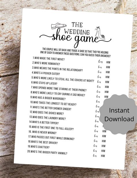 Read on to learn about how to set it up, how to play it, and eighty fun wedding shoe game questions you can use on the big day. The Wedding Shoe Game Bridal Shower Game, Printable PDF ...