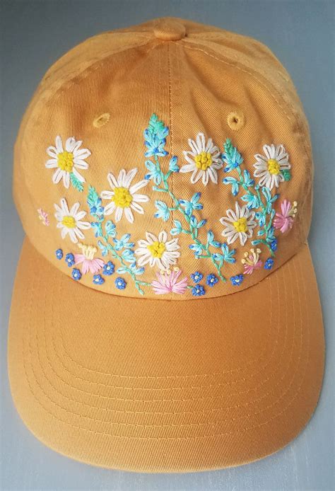 Hand Embroidered Flowers On Golden Yellow Womens Baseball Hat Unique