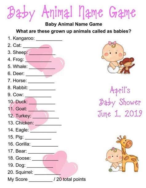 Baby Shower Baby Animal Name Game Girl 24 Quantity