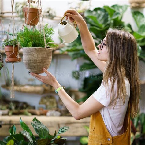 Girl Gardener Watering Potted Plant Woman Student Florist Take Care Of