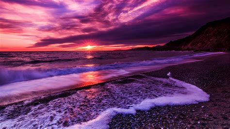 Beautiful Ocean Waves Under Purple Black Cloudy Sky During Sunrise With