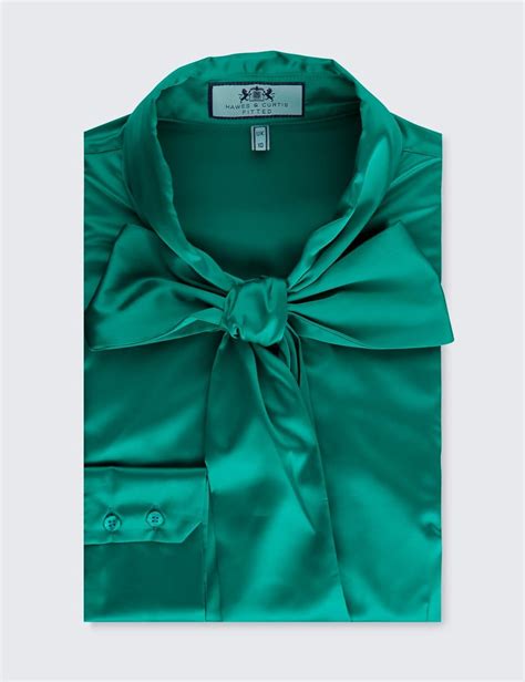Hawes And Curtis Womens Emerald Green Fitted Satin Blouse Pussy Bow Emerald 18 Uk