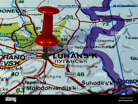 A Closeup Of A Red Pin On The Map Of The Luhansk City In Ukraine Stock