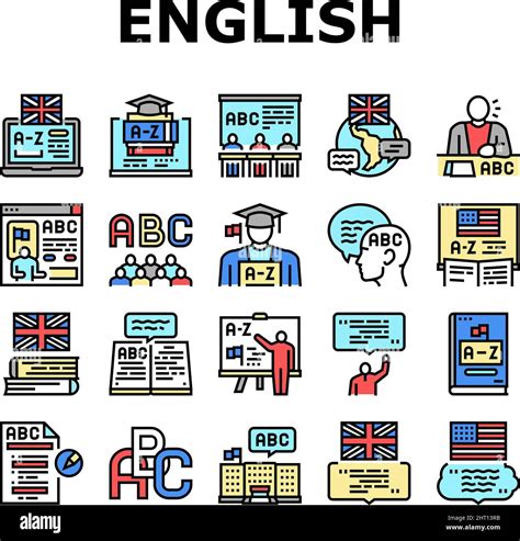 English Language Learn At School Icons Set Vector Stock Vector Image