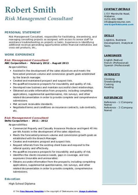 Risk Management Consultant Resume Samples Qwikresume