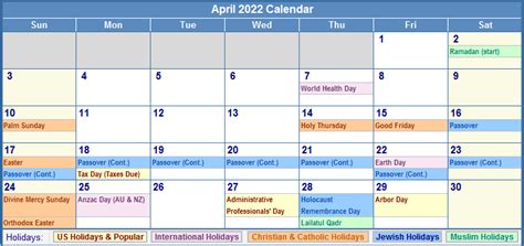 April 2022 Calendar With Holidays As Picture