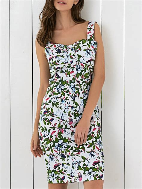 2018 Floral Printed Sleeveless Button Up Sheath Dress In Green 2xl