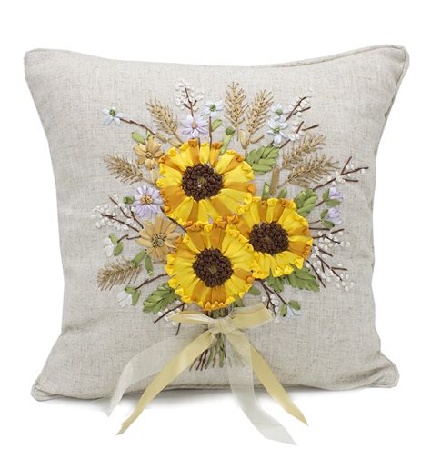 Read more throw pillows are available in four different sizes; Handmade Ribbon Embroidery Flower Decorative Linen Throw Pillow (Sunflower, 16"x16" Case+Insert ...