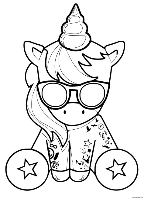 Coloriage licorne kawaii cool avec des lunettes et des tattoos à