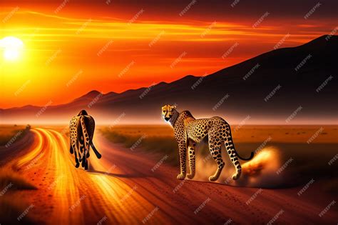 Premium Photo A Painting Of Cheetahs On A Road With A Sunset In The