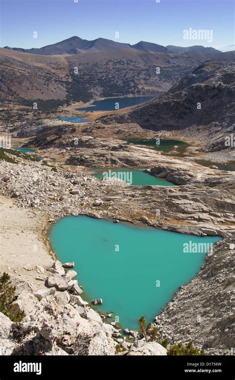 Glacial Lakes Below Mount Conness With Milky Blue Glacial Water Stock