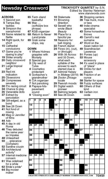 These puzzles are fun activities intended for students of all ages and ability levels. Newsday Crossword Puzzle for Jul 24, 2020, by Stanley ...