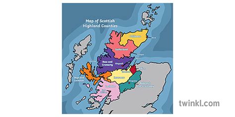 Scottish Highlands Map With Counties And Major Towns Named Illustration