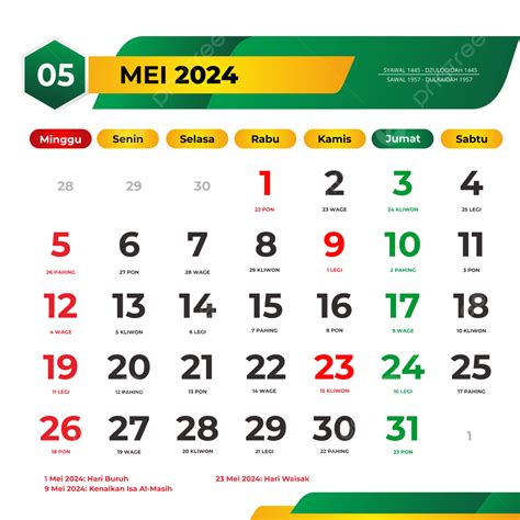 Vektor Kalender Mei Dengan Hari Libur Nasional Jawa Dan Hijriyah